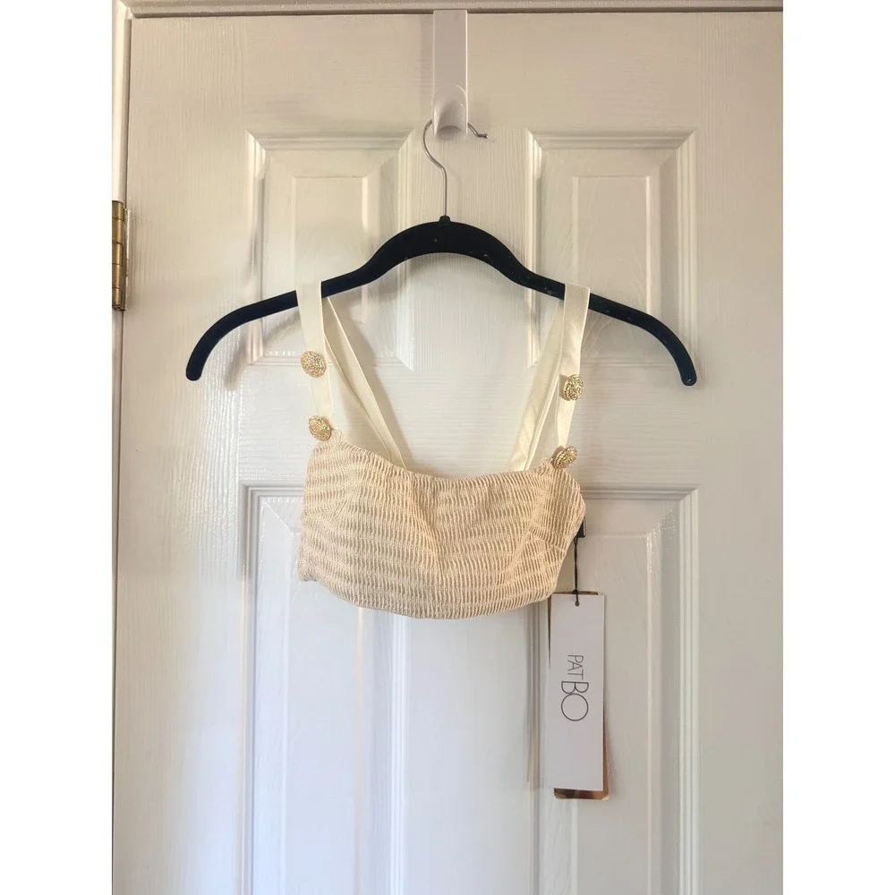 PatBO Metallic Ribbed Knit Bikini Top Off White Gold Button XS